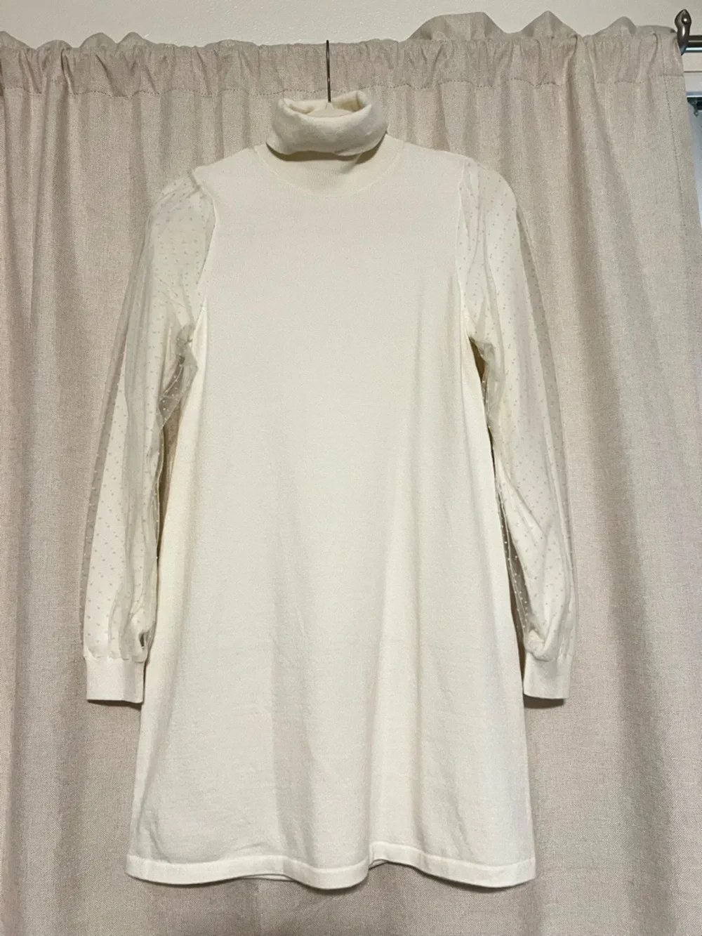 Turtleneck Long-Sleeve Cream Dress with Sheer Dot Sleeves - Picture 1 of 3